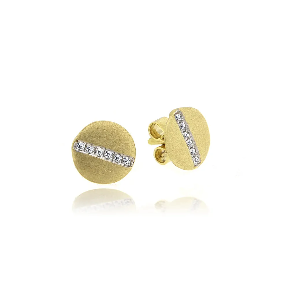 Brushed Yellow Gold Disc Studs with Diamond Stripe
