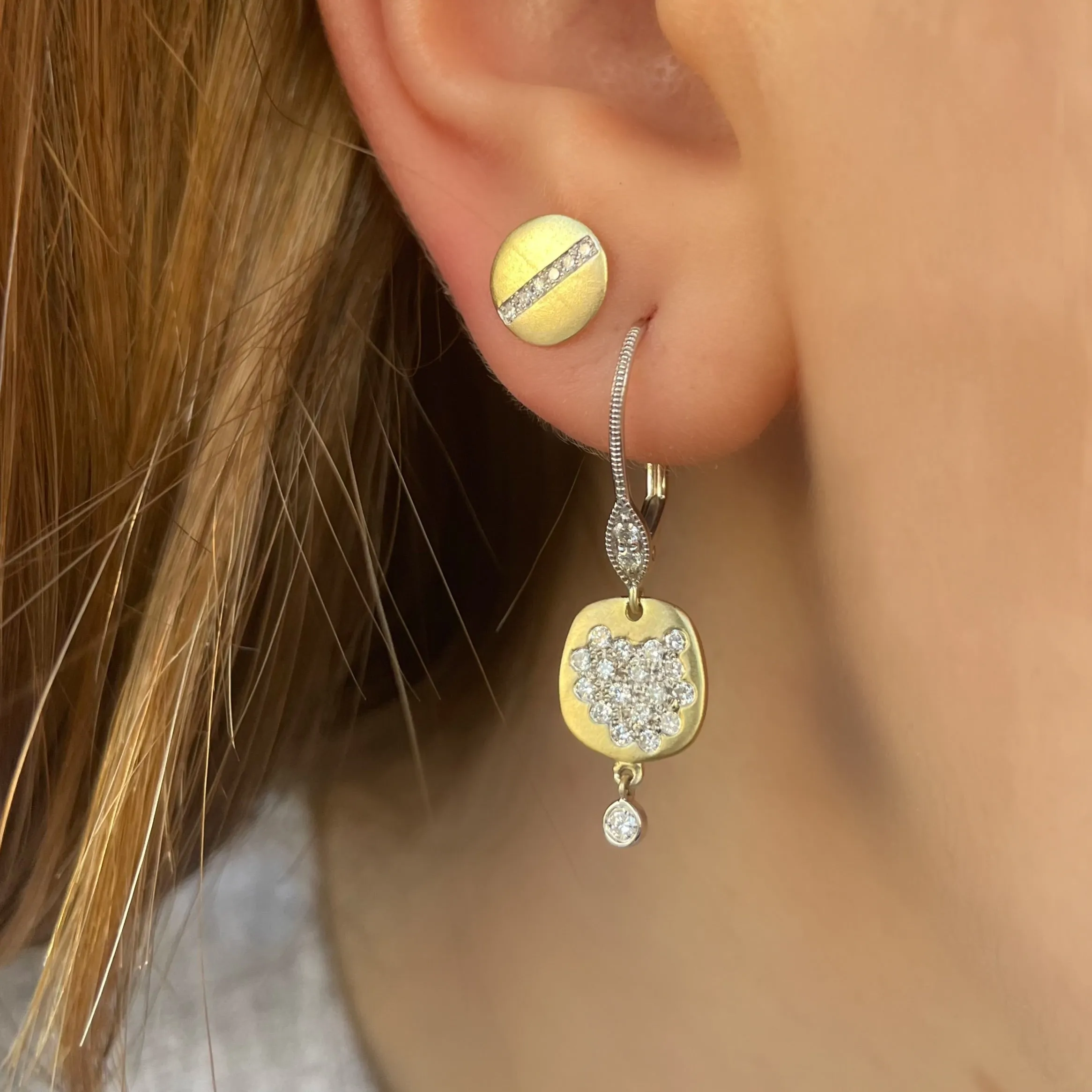 Brushed Yellow Gold Disc Studs with Diamond Stripe