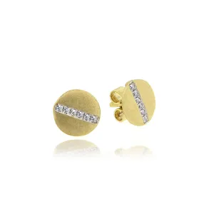 Brushed Yellow Gold Disc Studs with Diamond Stripe