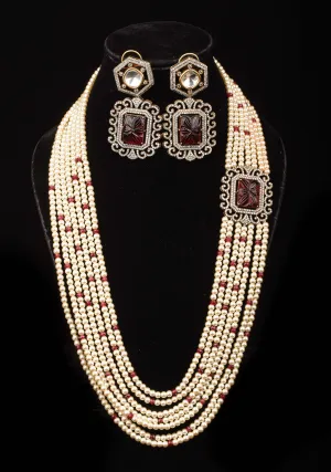 Carved stone unit on Multistrand Haar and Matching Earrings | Shobitam Jewelry