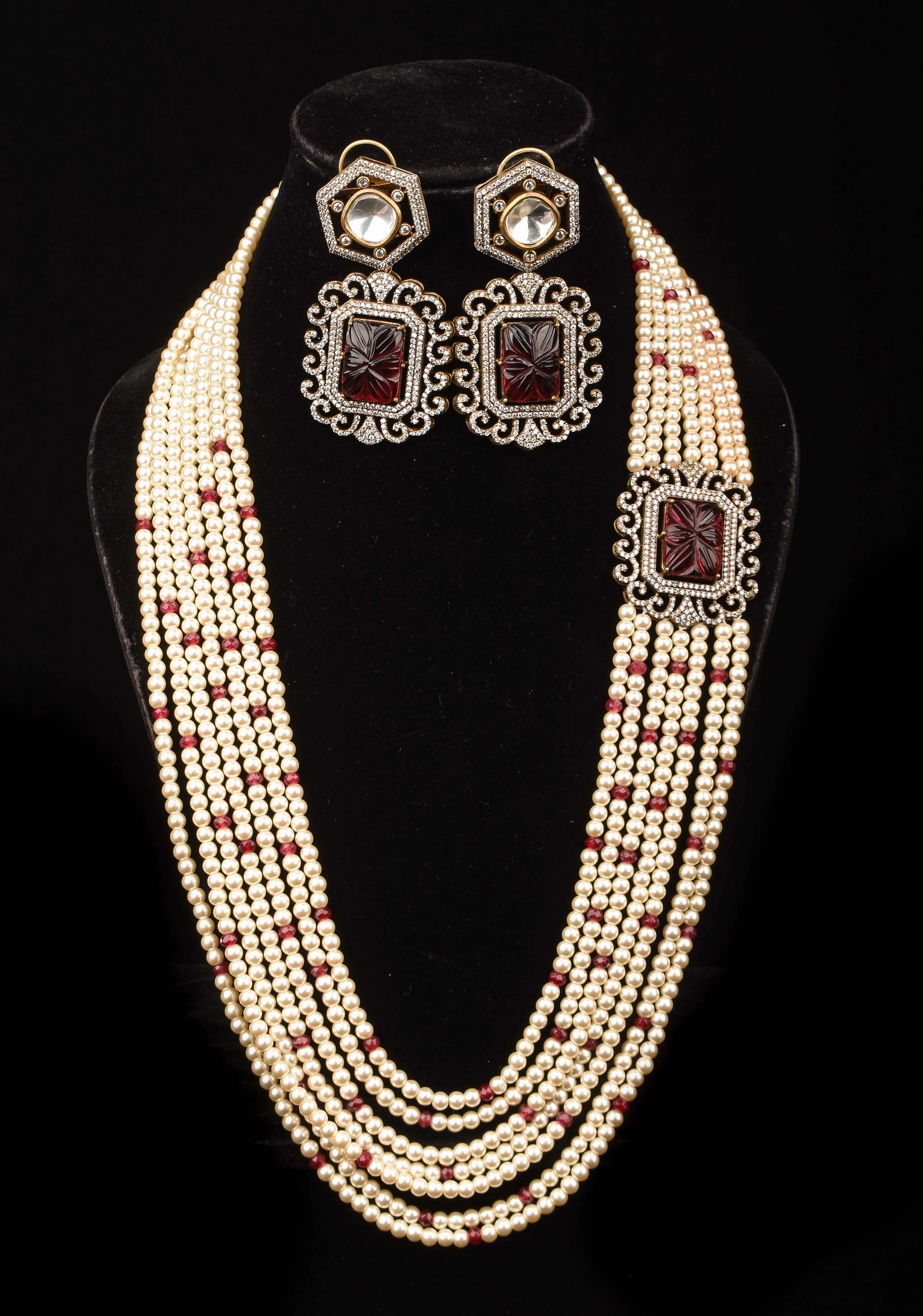 Carved stone unit on Multistrand Haar and Matching Earrings | Shobitam Jewelry