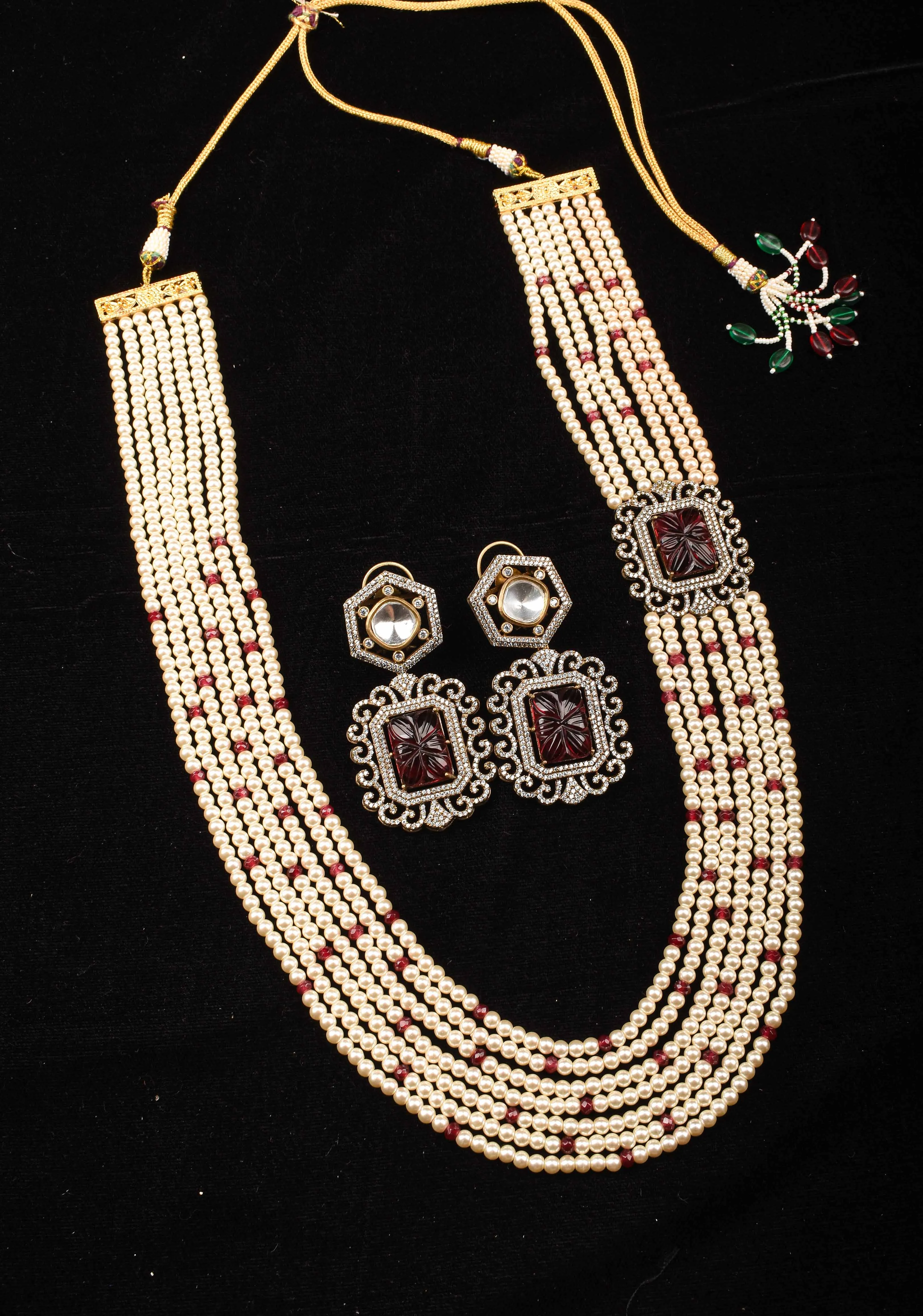 Carved stone unit on Multistrand Haar and Matching Earrings | Shobitam Jewelry