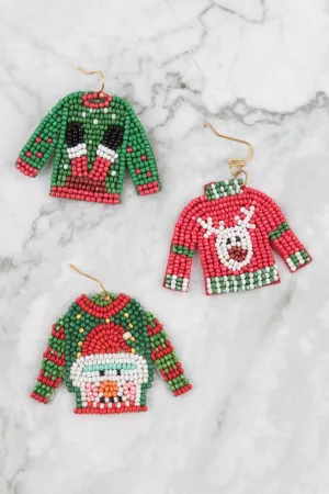 CHRISTMAS PATTERN SWEATER SEED BEADS HOOK EARRINGS