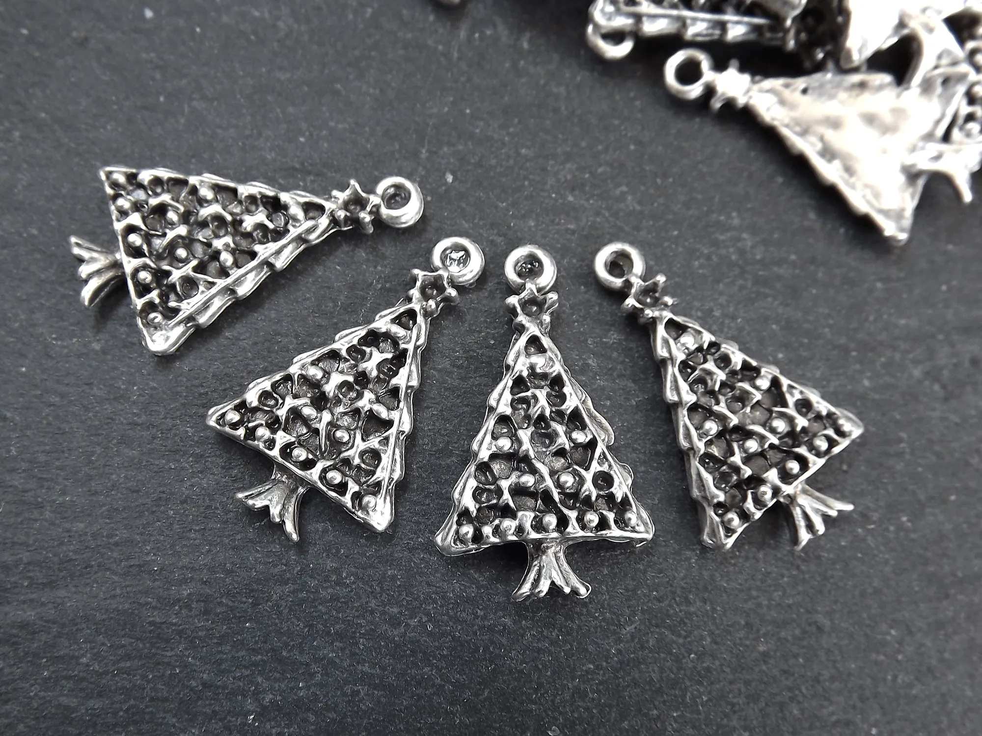 Christmas Tree Charms, Small Christmas Tree Holiday Pendant, Non Tarnish, Matte Antique Silver Plated, 4pc