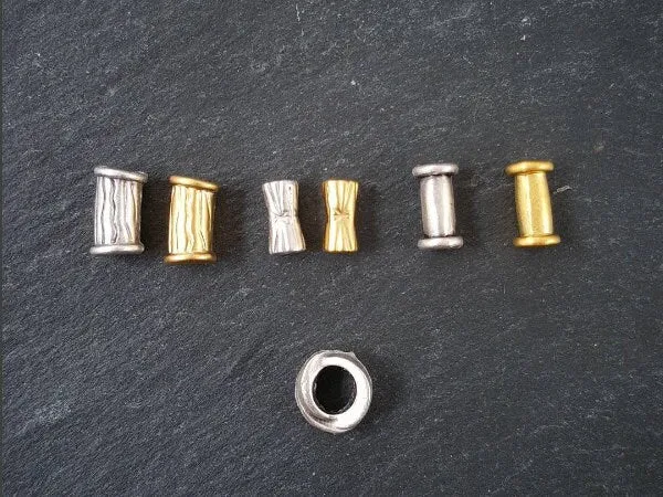 Chunky Rimmed Bark Detailed Barrel Tube Bead Spacers Matte Antique Silver Plated - 10pcs