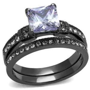 CJE2970 Wholesale Stainless Steel Light Black CZ Princess Cut Ring Set