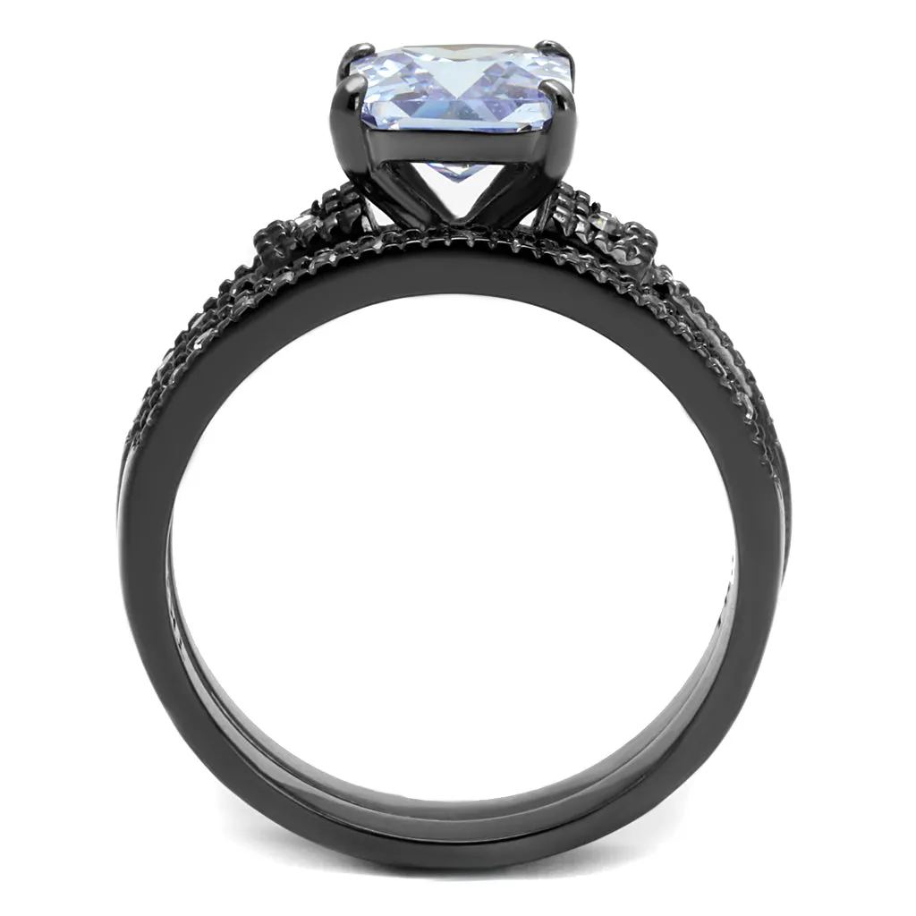 CJE2970 Wholesale Stainless Steel Light Black CZ Princess Cut Ring Set