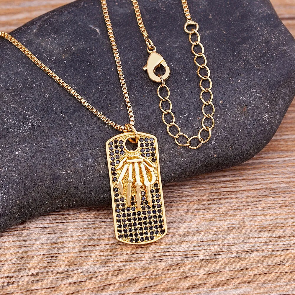 Classic Black Zircon Vintage Hand Bone Pendant Necklace