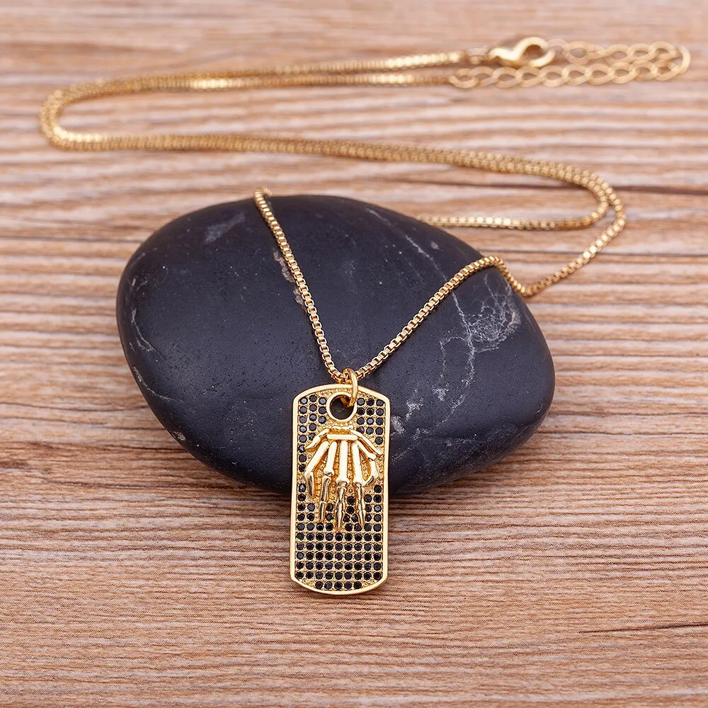 Classic Black Zircon Vintage Hand Bone Pendant Necklace