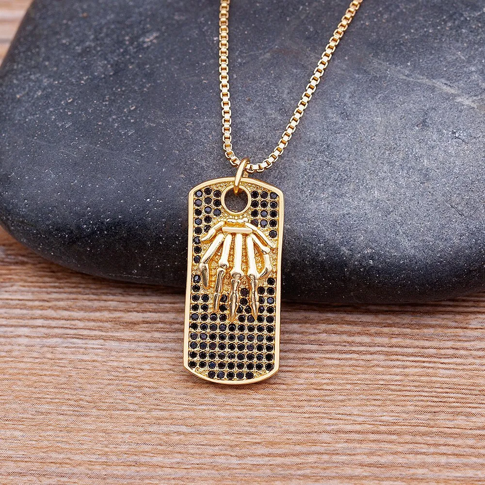 Classic Black Zircon Vintage Hand Bone Pendant Necklace