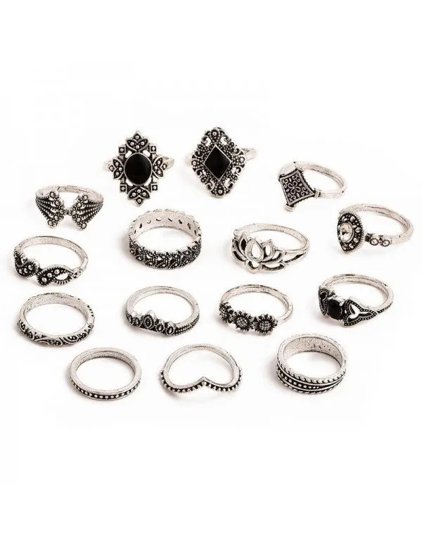 Combo of 15 Silver Plated Mixed Sized Rings