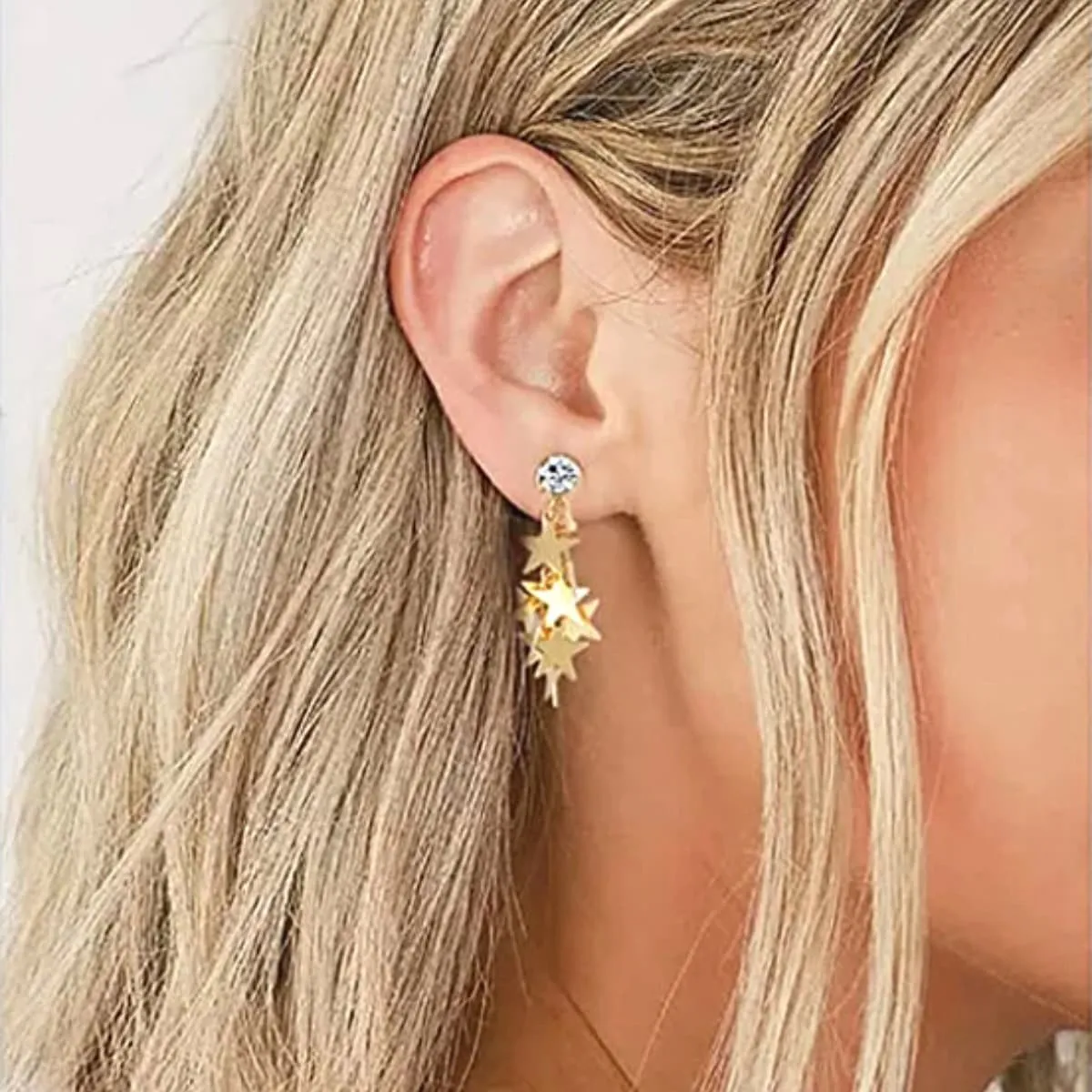 CZ Star Dangling Clip On Earrings