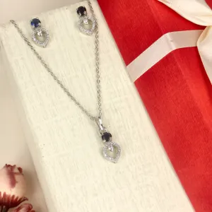 Dark Blue Diamond Leaf Rhodium  Pendant Set - SIA437918_D