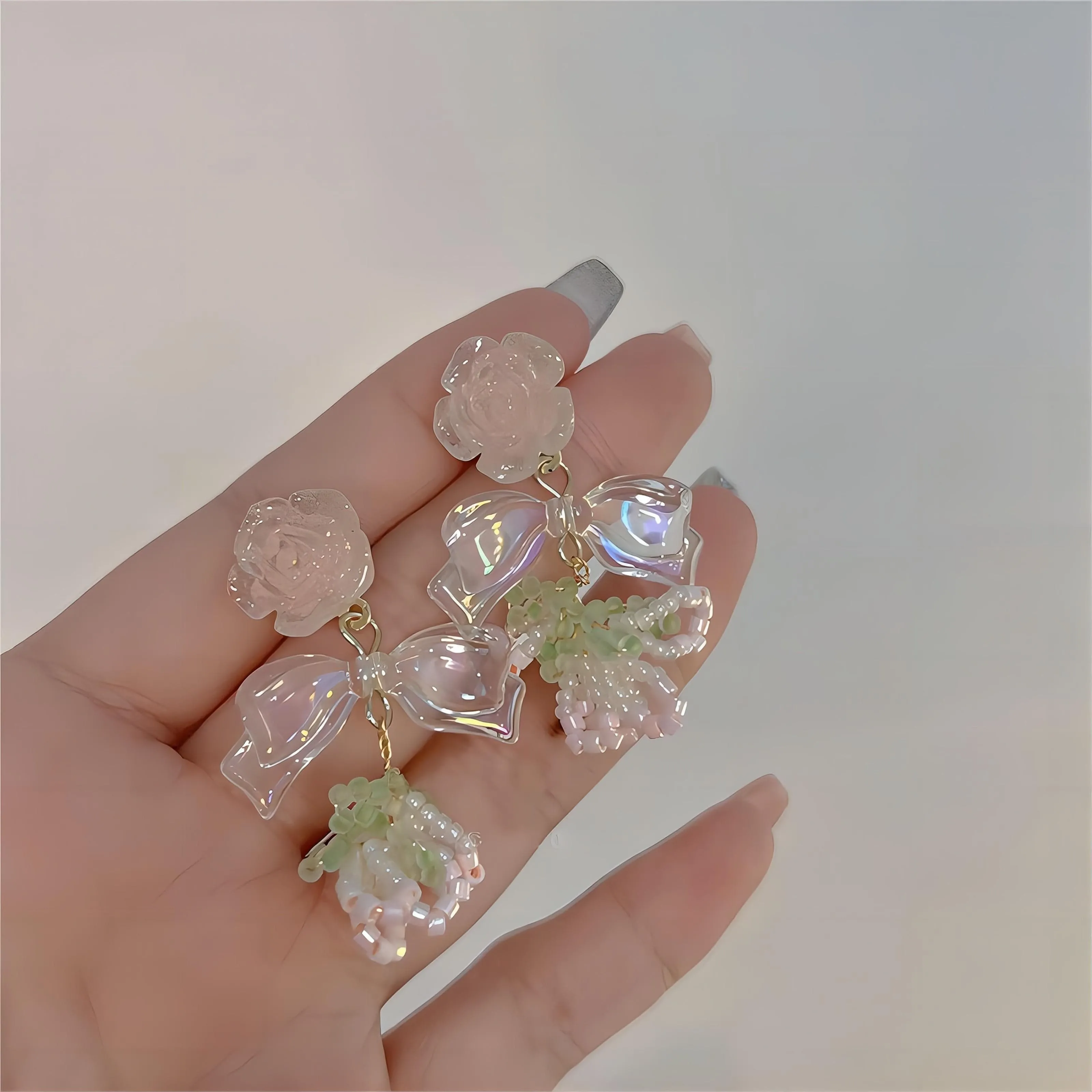 Elegant Beaded Floral Bowknot Rose Earrings