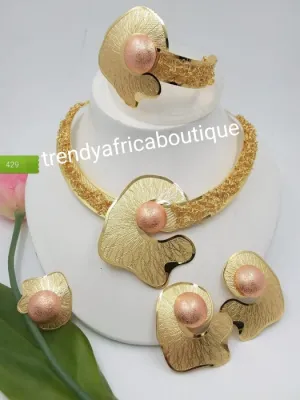 Elegant Dubai 4pcs 18k electroplated choker necklace, matching earrings, bangle & adjustable ring. hypoallergenic plating. Sold as a set and price is for the set. As shown in display photo.