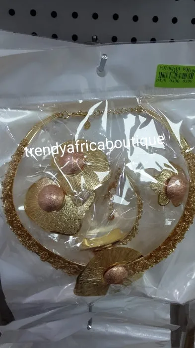 Elegant Dubai 4pcs 18k electroplated choker necklace, matching earrings, bangle & adjustable ring. hypoallergenic plating. Sold as a set and price is for the set. As shown in display photo.