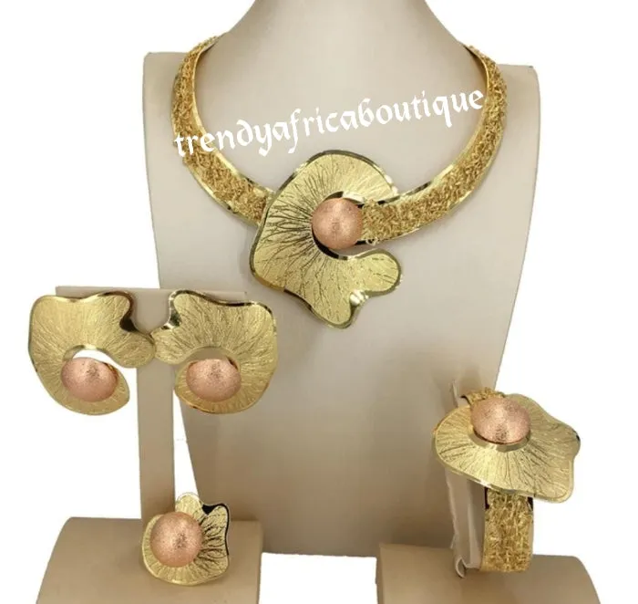 Elegant Dubai 4pcs 18k electroplated choker necklace, matching earrings, bangle & adjustable ring. hypoallergenic plating. Sold as a set and price is for the set. As shown in display photo.