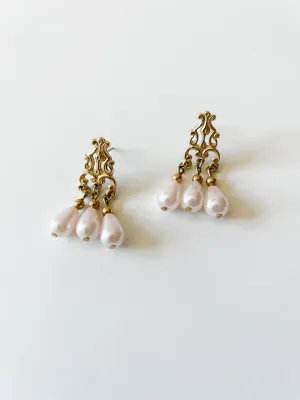 Elegant Gold Swirl Dangle Trio Teardrop Pearl Earrings