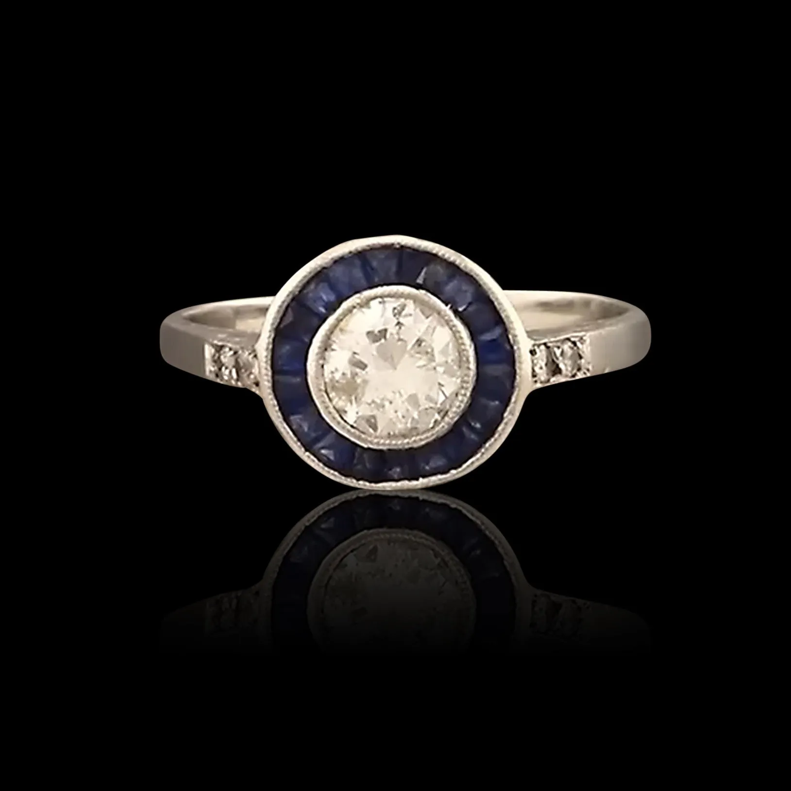 Estate Transitional Cut Diamond Sapphire Platinum Halo Ring