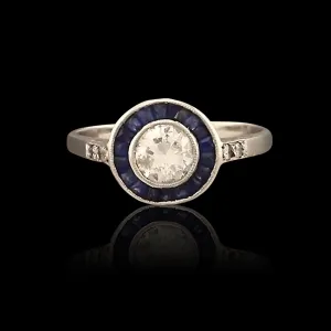 Estate Transitional Cut Diamond Sapphire Platinum Halo Ring