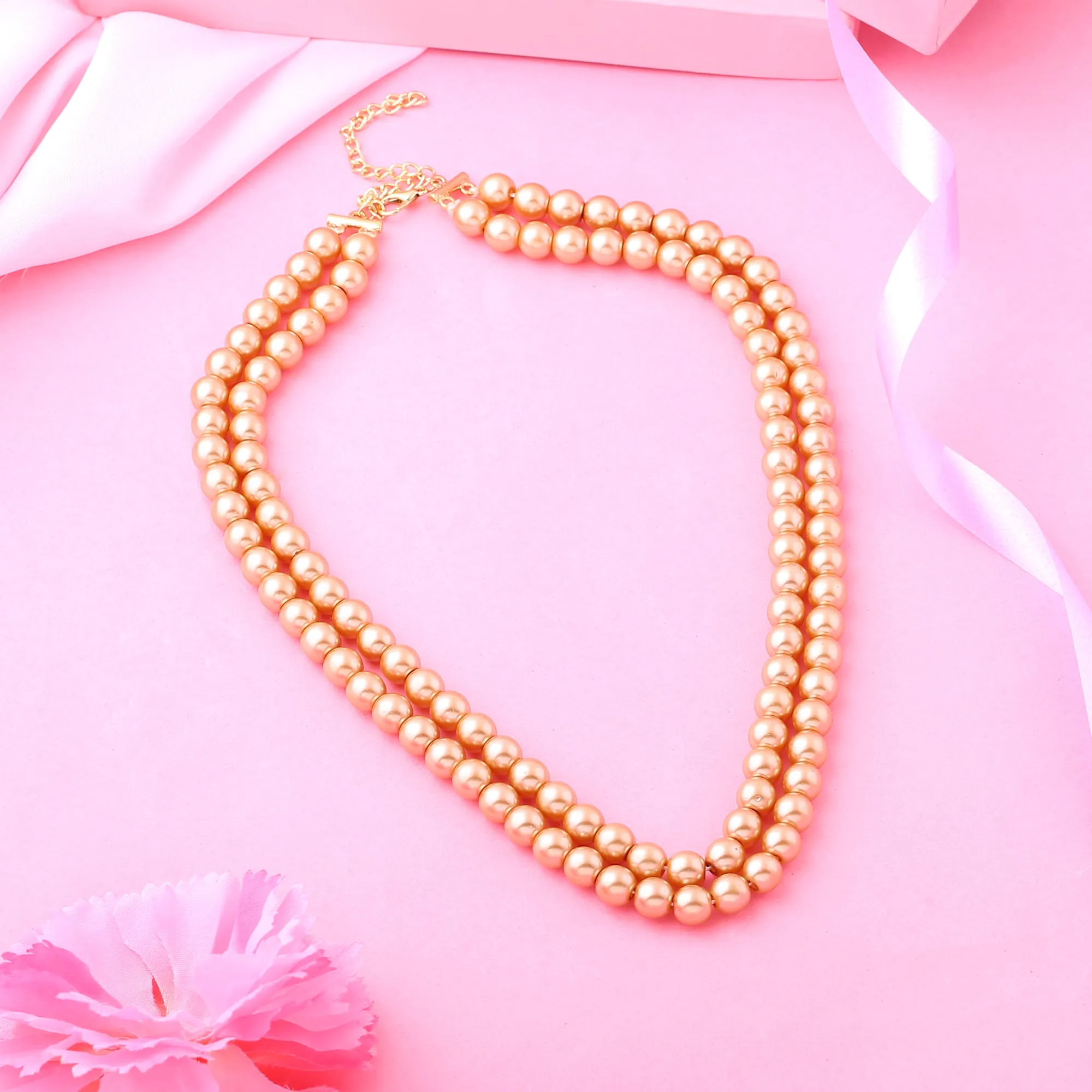 Estele Gold Plated Sparkling Double Line Pearl Necklace Set for Women