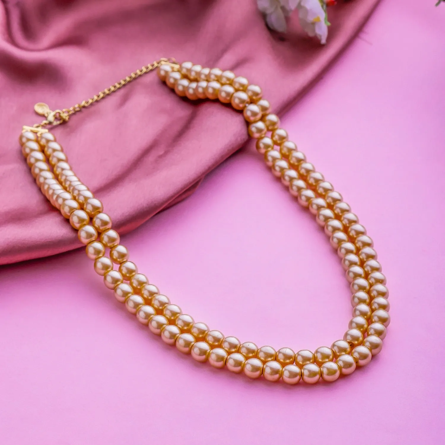 Estele Gold Plated Sparkling Double Line Pearl Necklace Set for Women