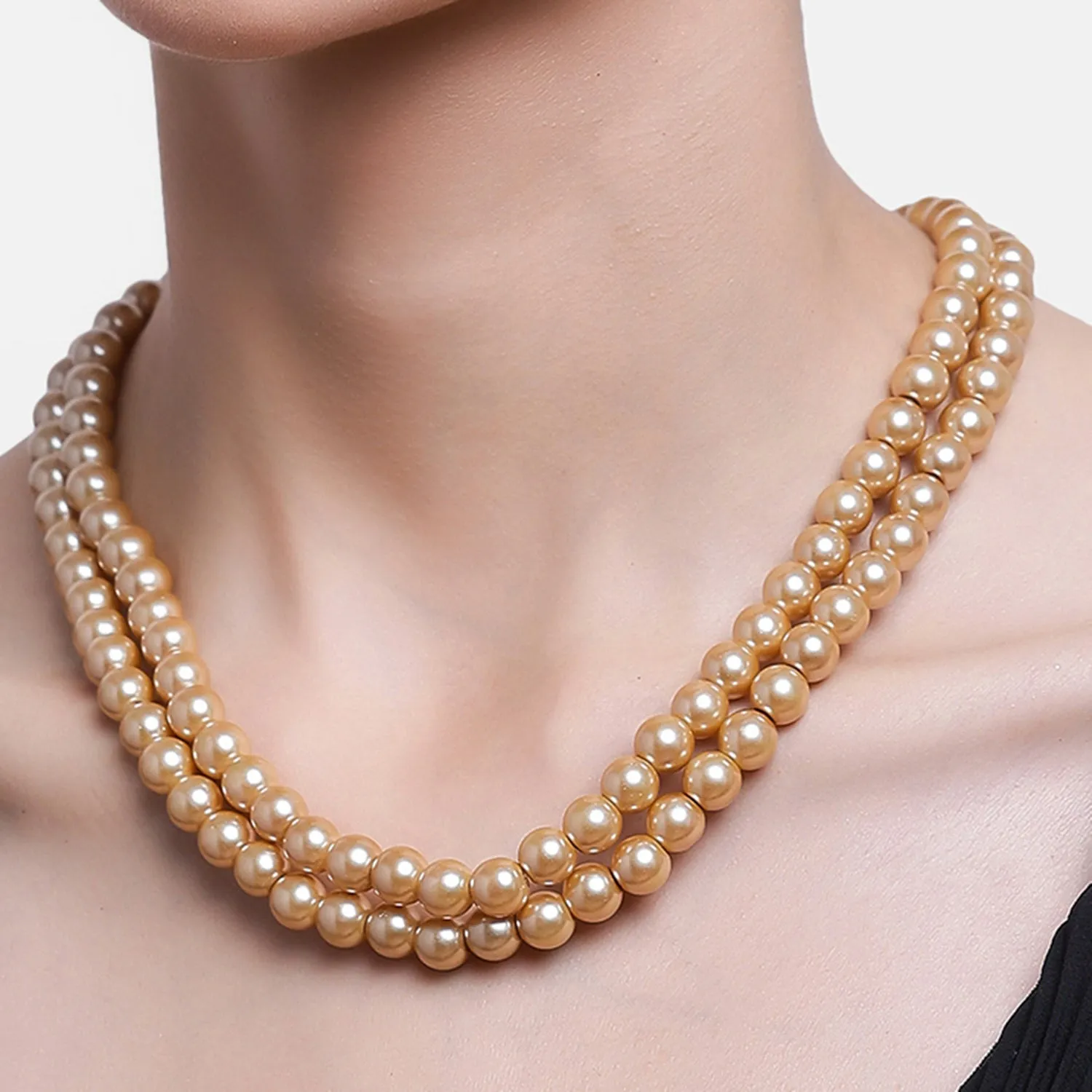 Estele Gold Plated Sparkling Double Line Pearl Necklace Set for Women