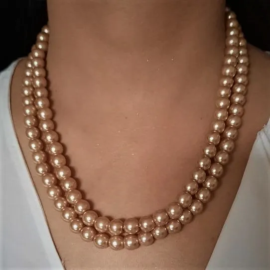 Estele Gold Plated Sparkling Double Line Pearl Necklace Set for Women
