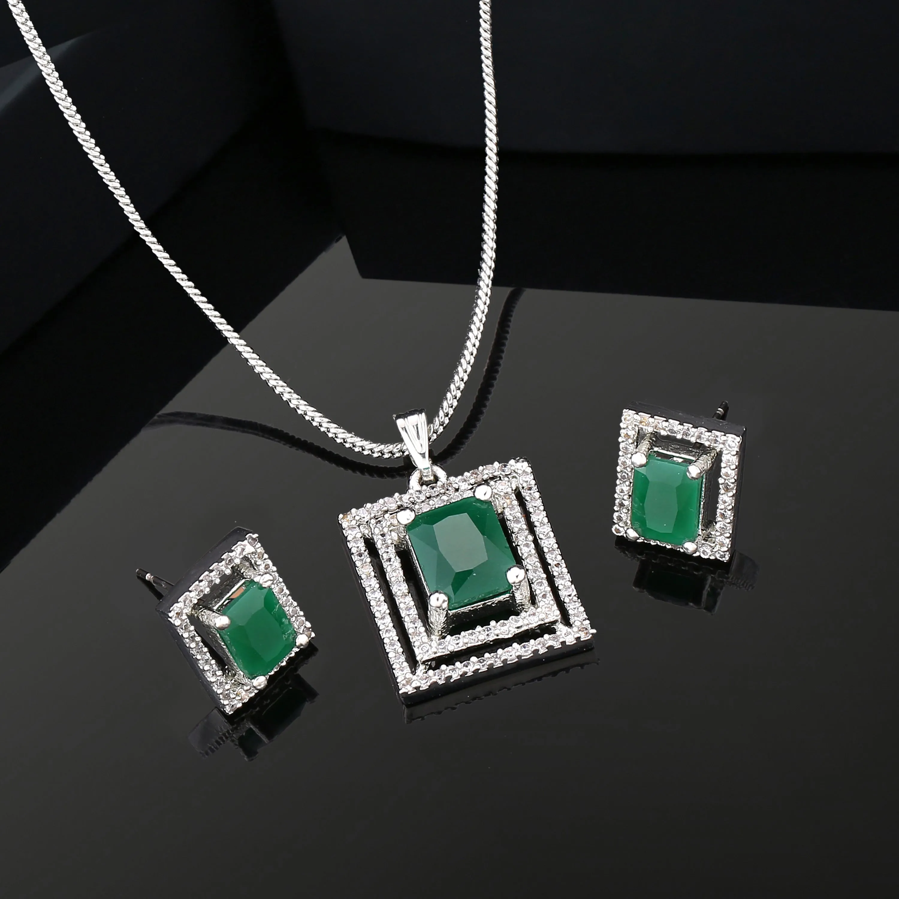 Estele Rhodium Plated CZ Attractive Pendant Set with Green Crystals for Women