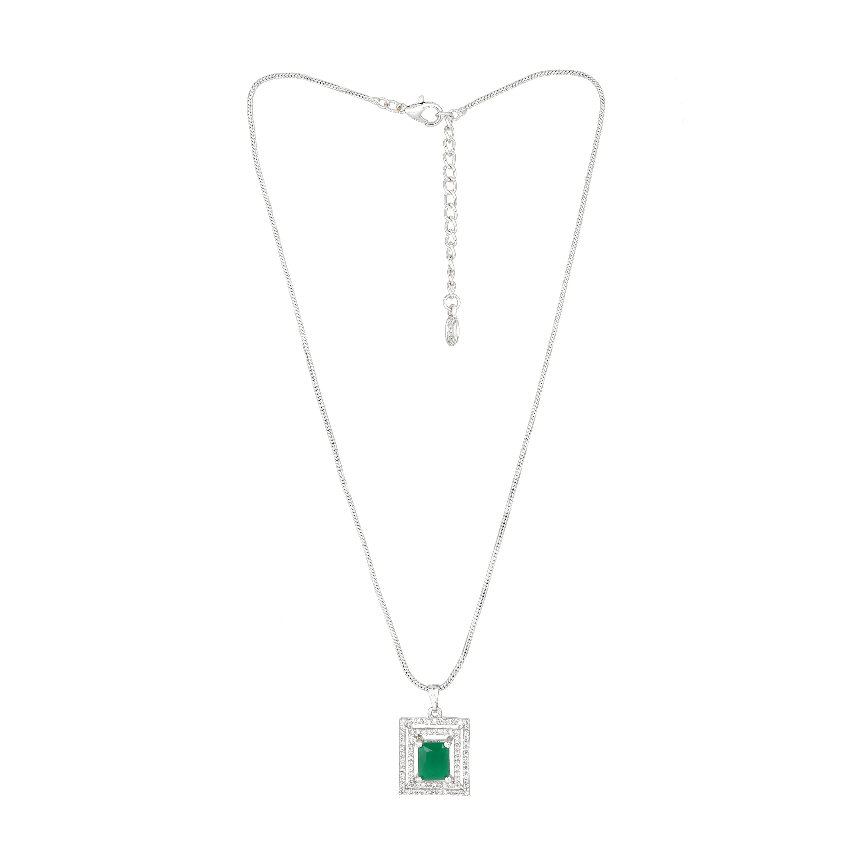 Estele Rhodium Plated CZ Attractive Pendant Set with Green Crystals for Women