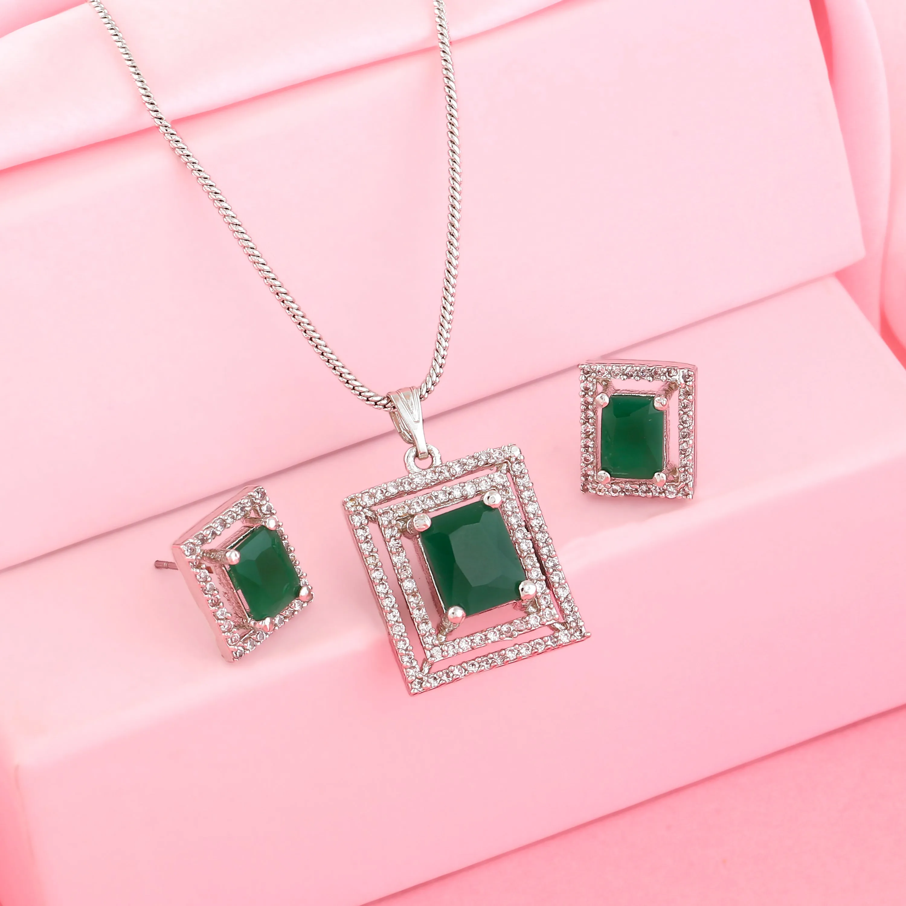 Estele Rhodium Plated CZ Attractive Pendant Set with Green Crystals for Women