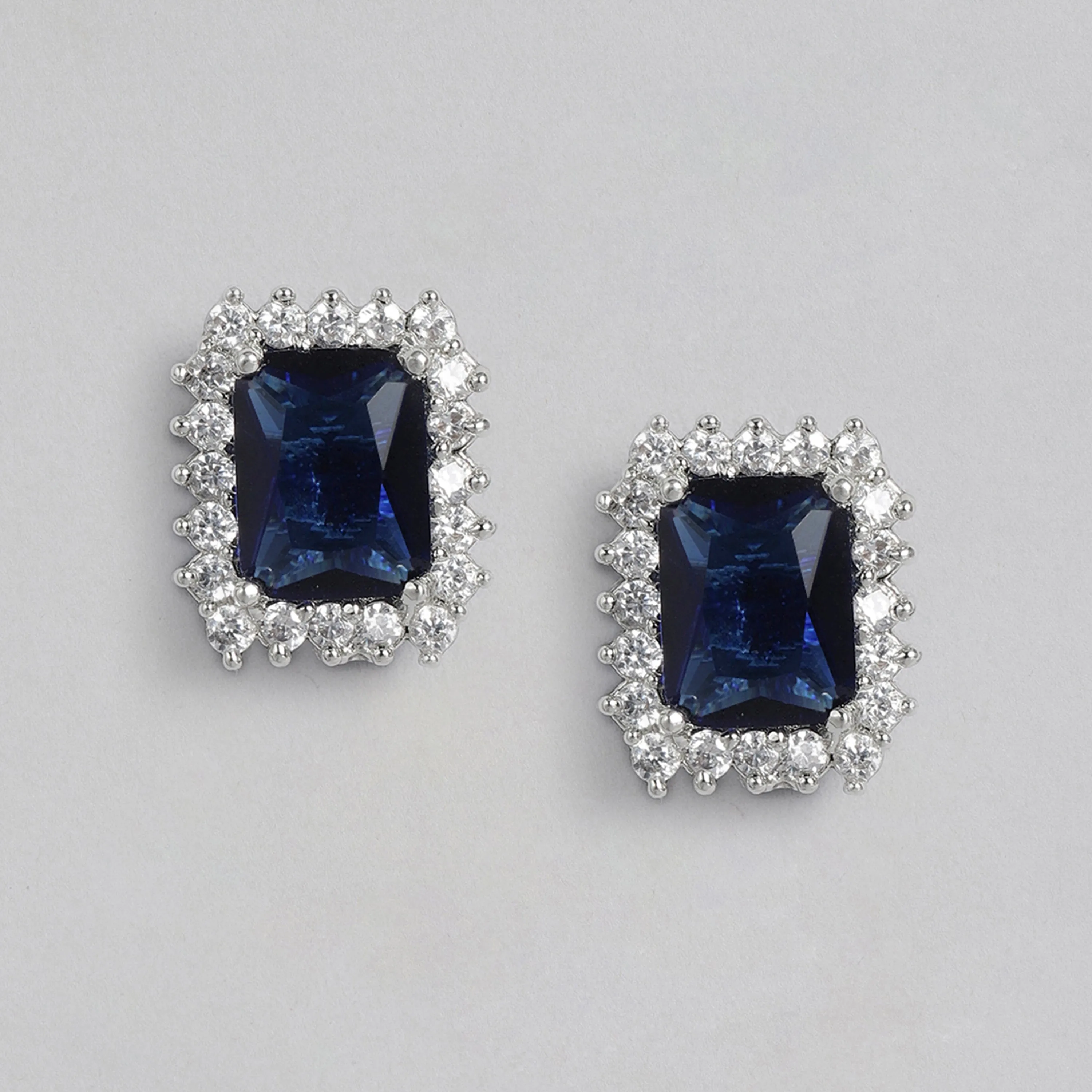 Estele Rhodium Plated CZ Square Shaped Pendant Set with Blue Stones for Women