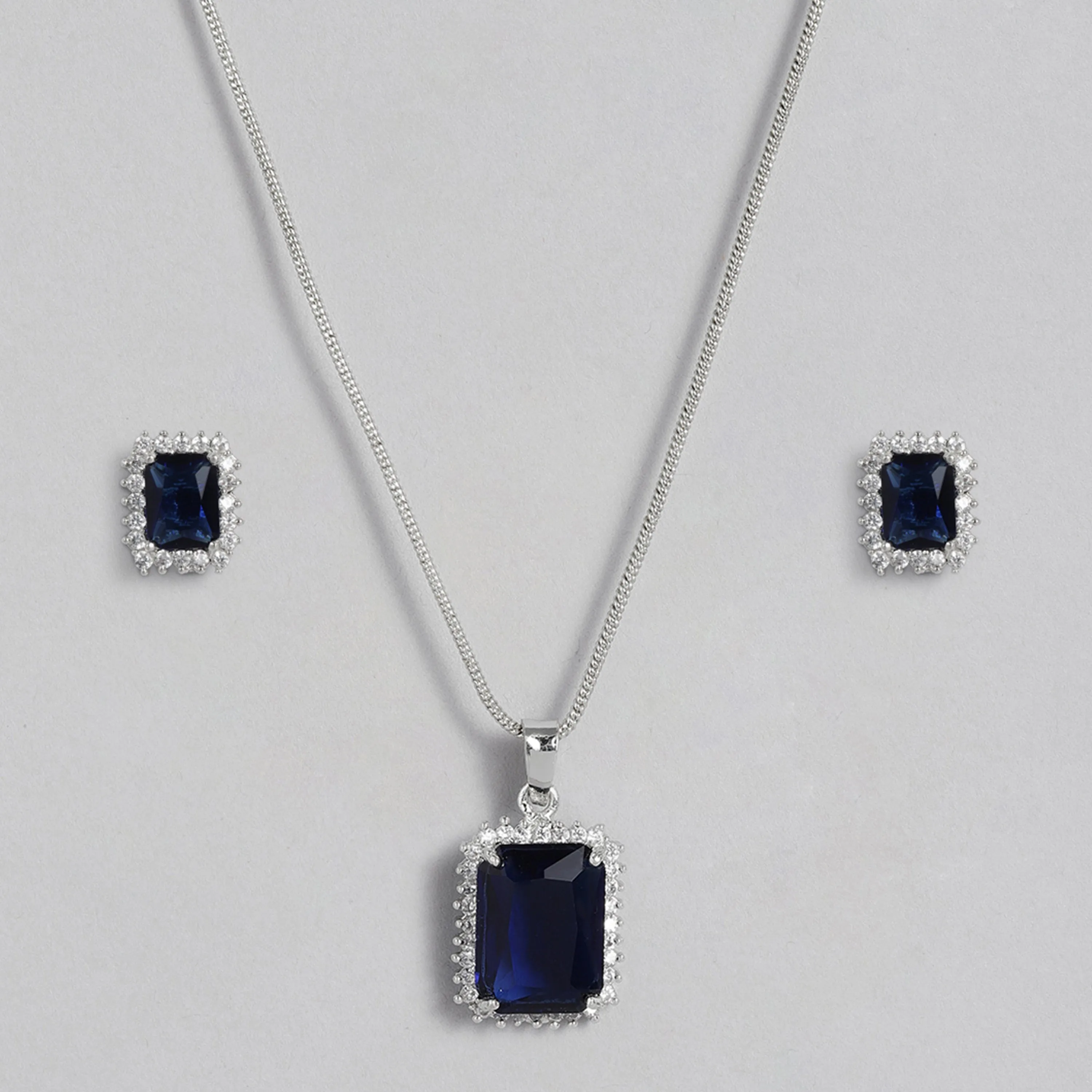Estele Rhodium Plated CZ Square Shaped Pendant Set with Blue Stones for Women