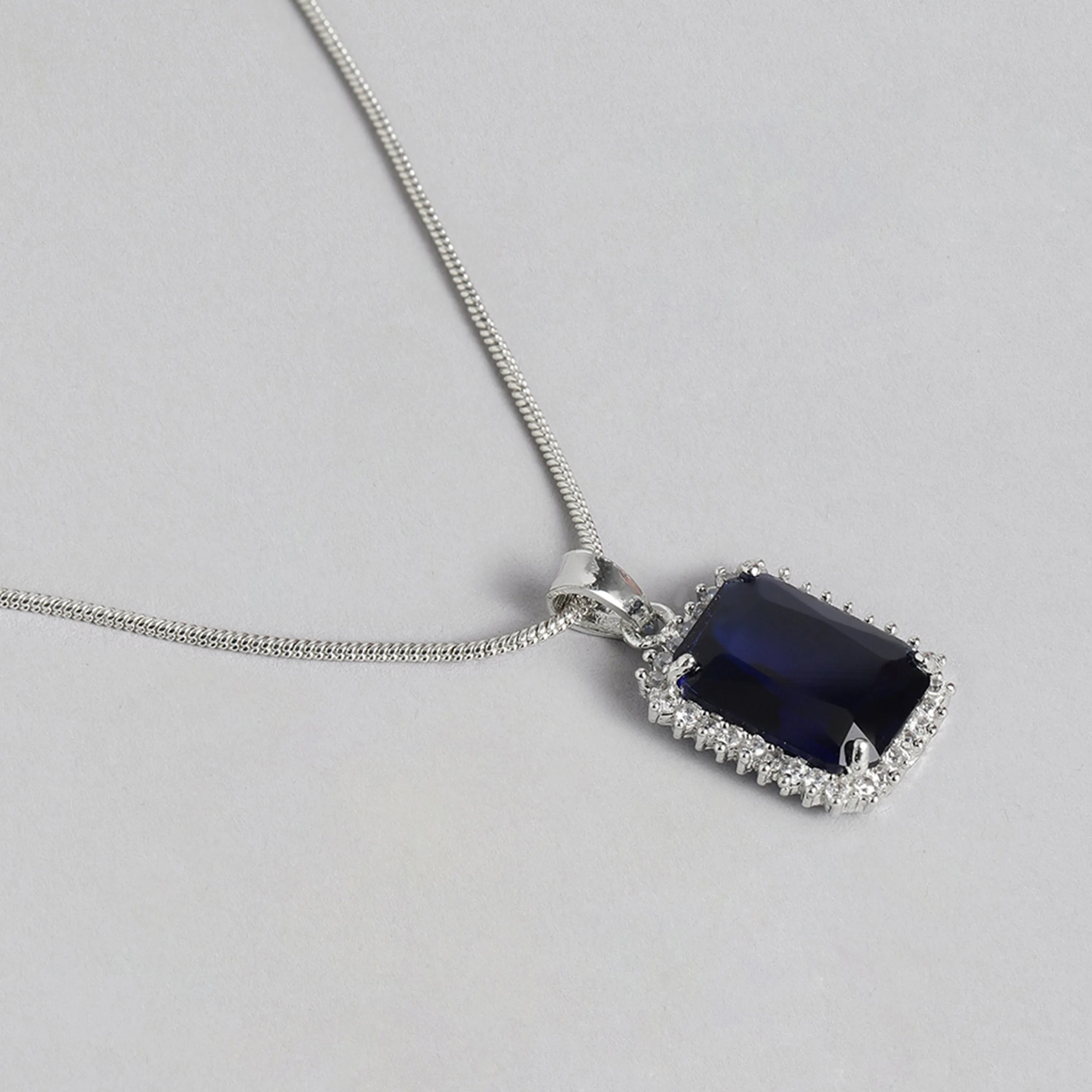 Estele Rhodium Plated CZ Square Shaped Pendant Set with Blue Stones for Women