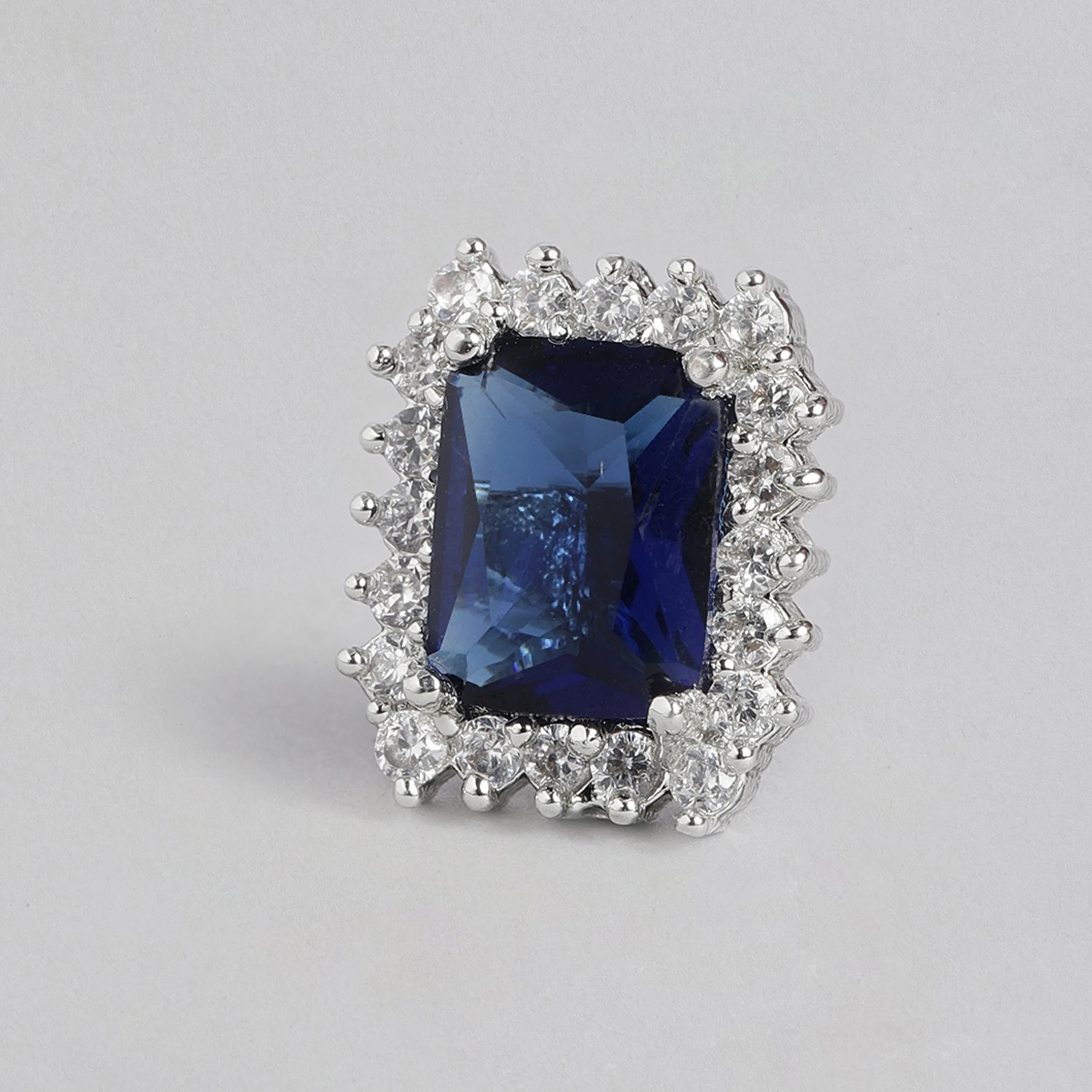 Estele Rhodium Plated CZ Square Shaped Pendant Set with Blue Stones for Women