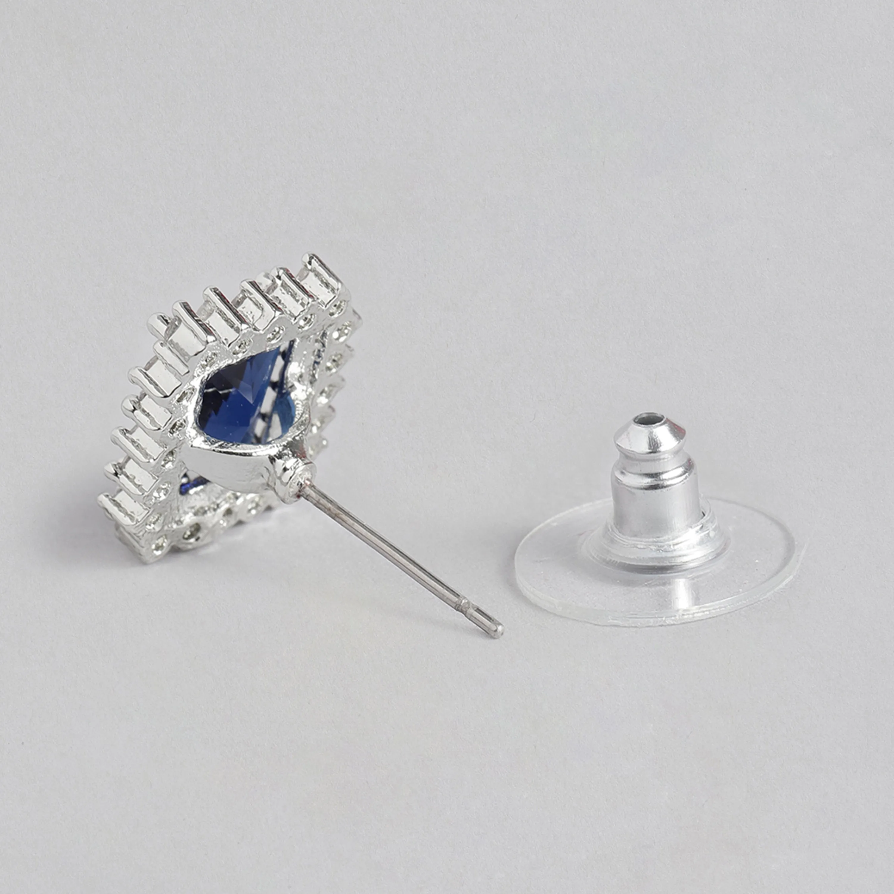 Estele Rhodium Plated CZ Square Shaped Pendant Set with Blue Stones for Women