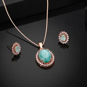 Estele Rosegold Plated CZ Beautiful Oval Designer Pendant Set with Mint Green Stones for Women