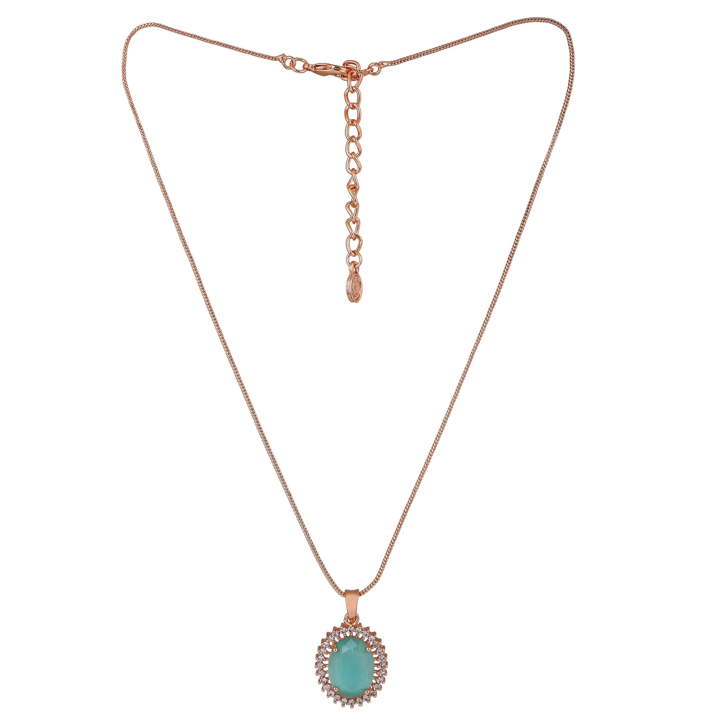 Estele Rosegold Plated CZ Beautiful Oval Designer Pendant Set with Mint Green Stones for Women