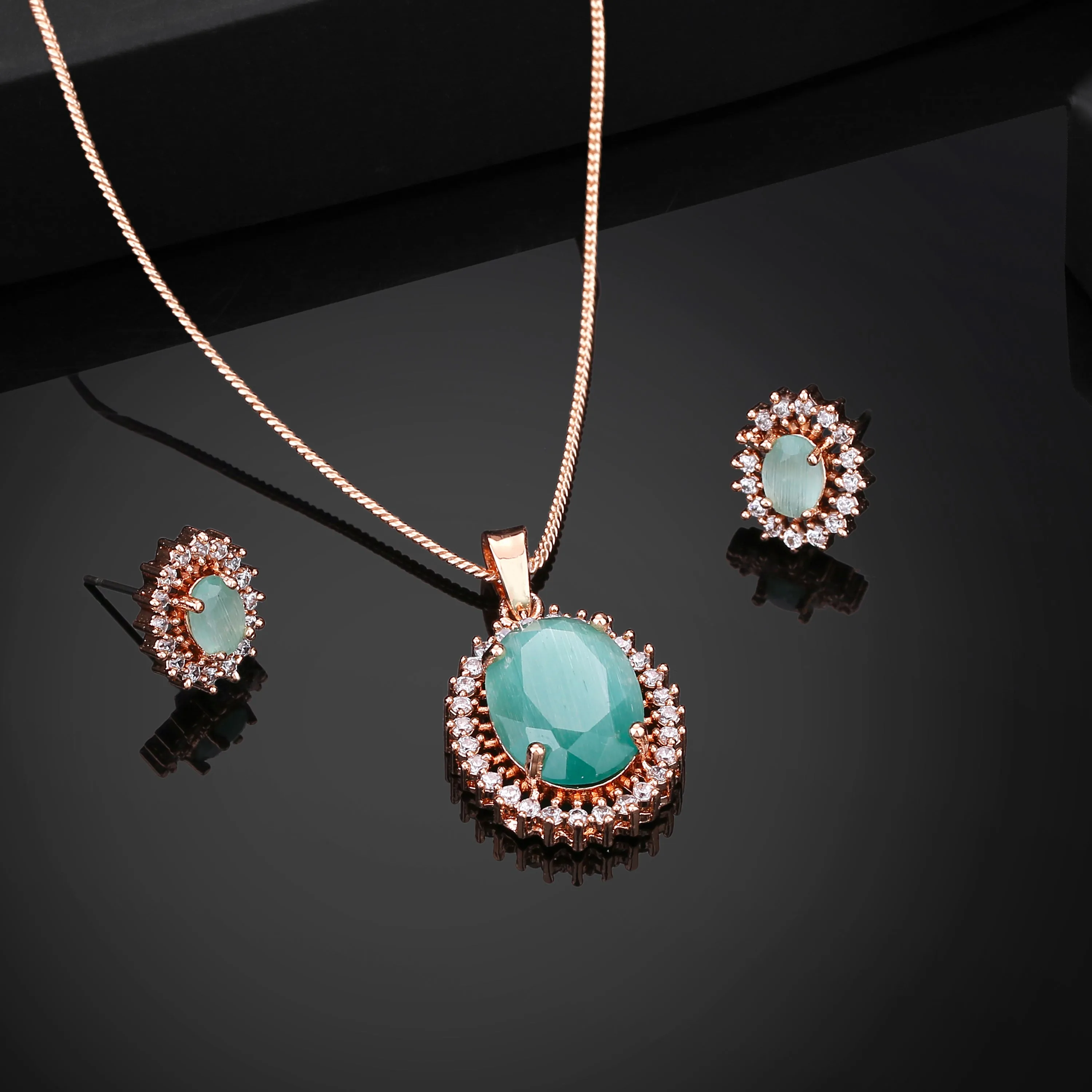 Estele Rosegold Plated CZ Beautiful Oval Designer Pendant Set with Mint Green Stones for Women
