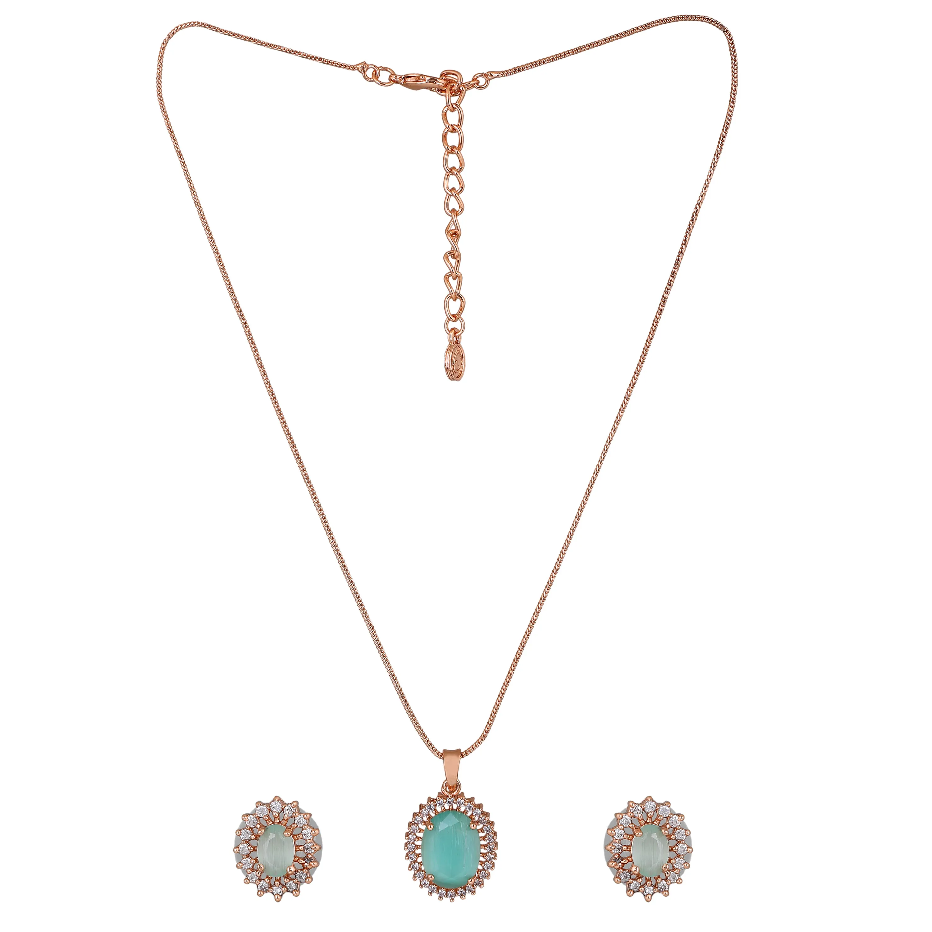 Estele Rosegold Plated CZ Beautiful Oval Designer Pendant Set with Mint Green Stones for Women