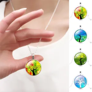 Fashion Life Tree Pendant Necklace Vintage Silver Color Chain Necklace in Jewelry Classic Glass Cabochon Necklace