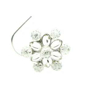 Floral shape Sterling Silver Nose pin with White stones in Twisted style