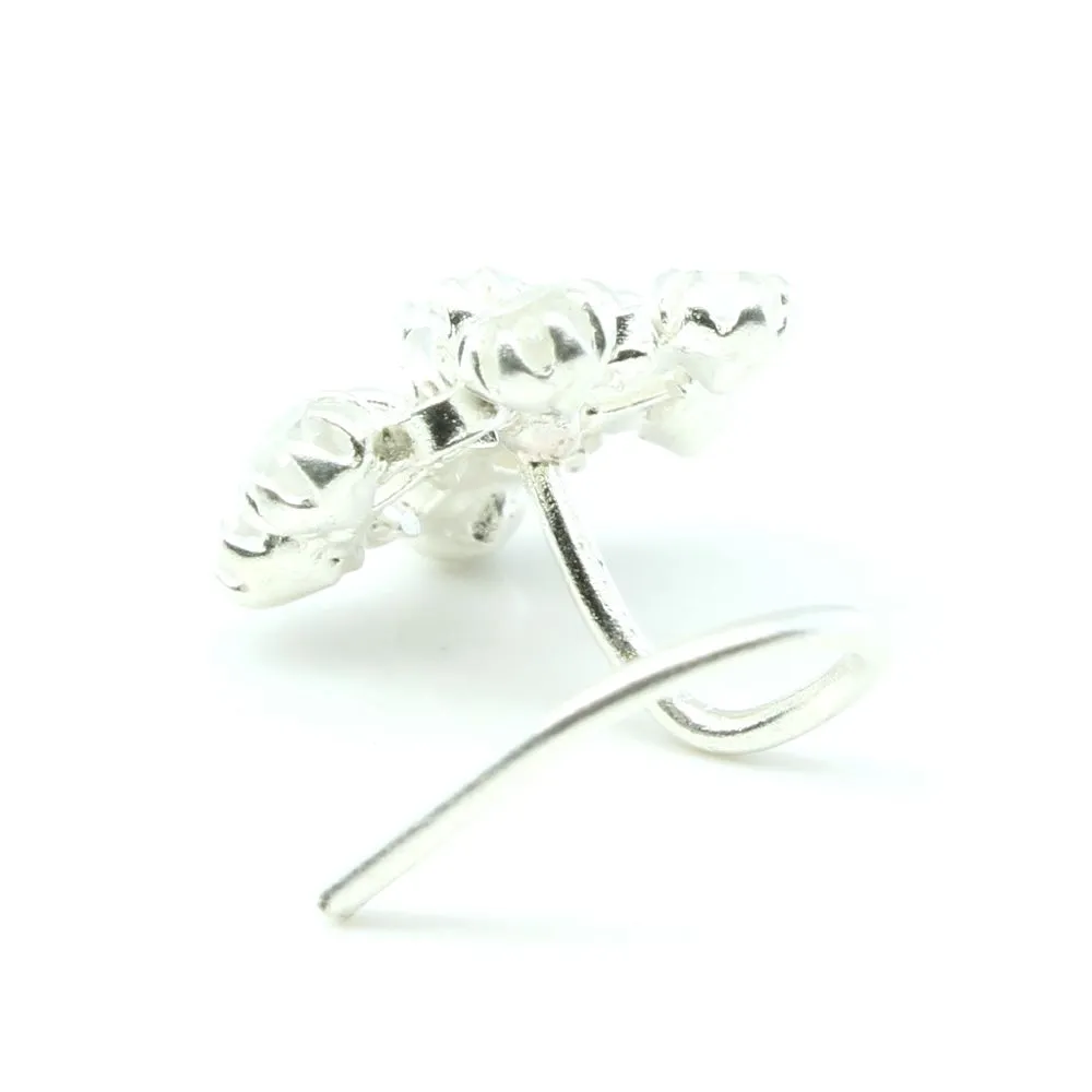 Floral shape Sterling Silver Nose pin with White stones in Twisted style