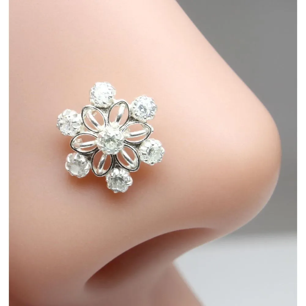 Floral shape Sterling Silver Nose pin with White stones in Twisted style