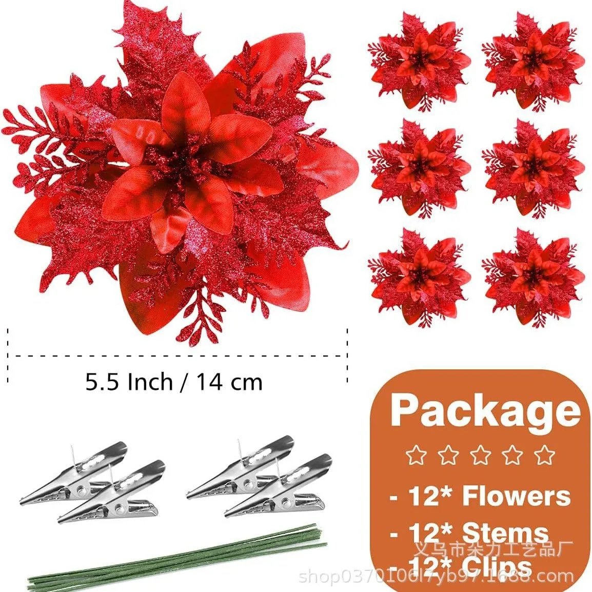 Gold Powder Christmas Flowers – 12 PCS Handmade Christmas Tree Decorations