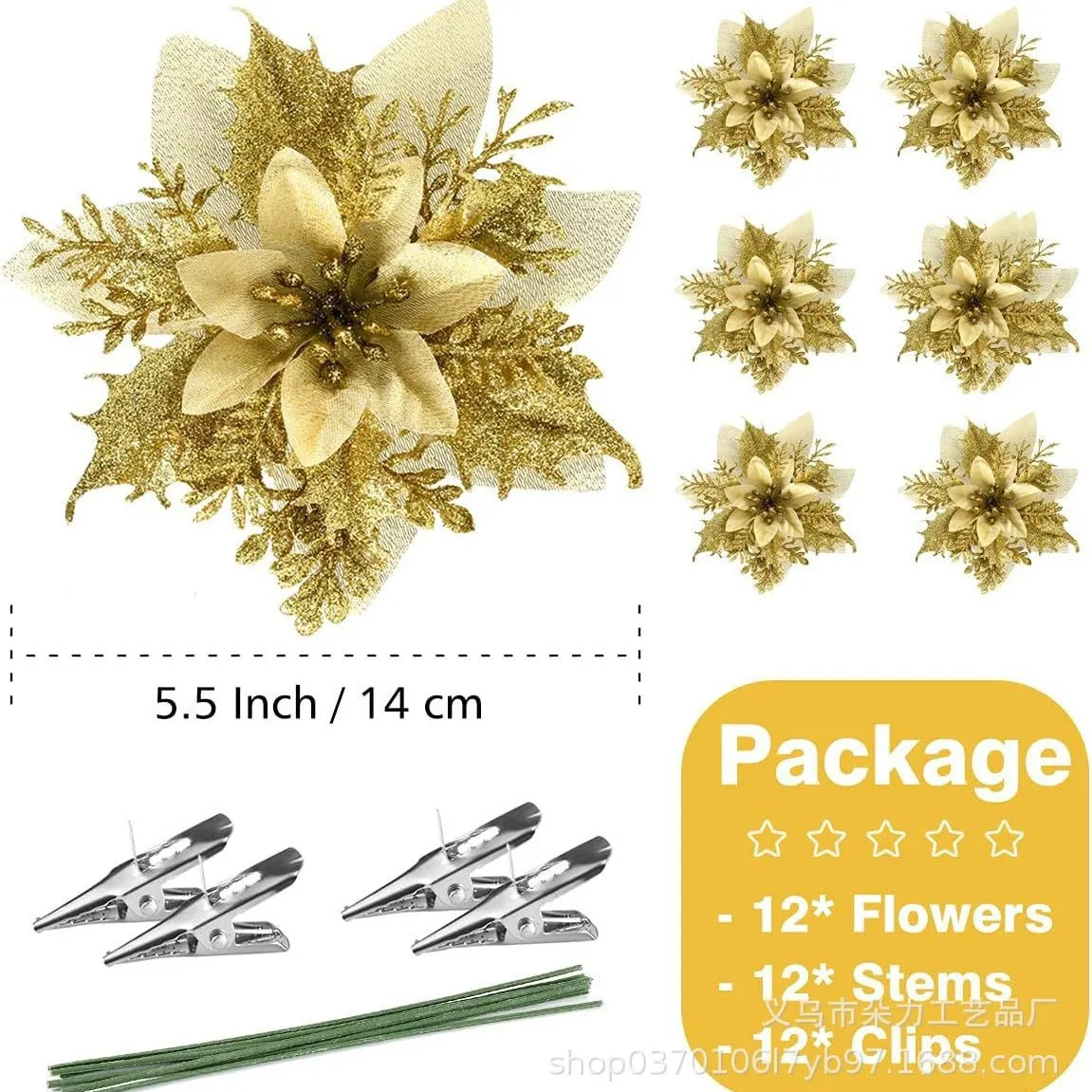 Gold Powder Christmas Flowers – 12 PCS Handmade Christmas Tree Decorations