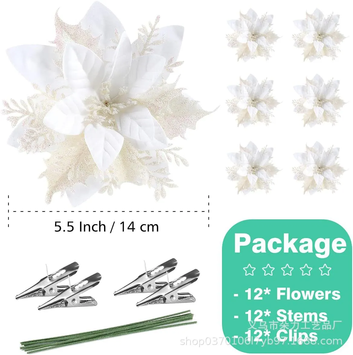 Gold Powder Christmas Flowers – 12 PCS Handmade Christmas Tree Decorations