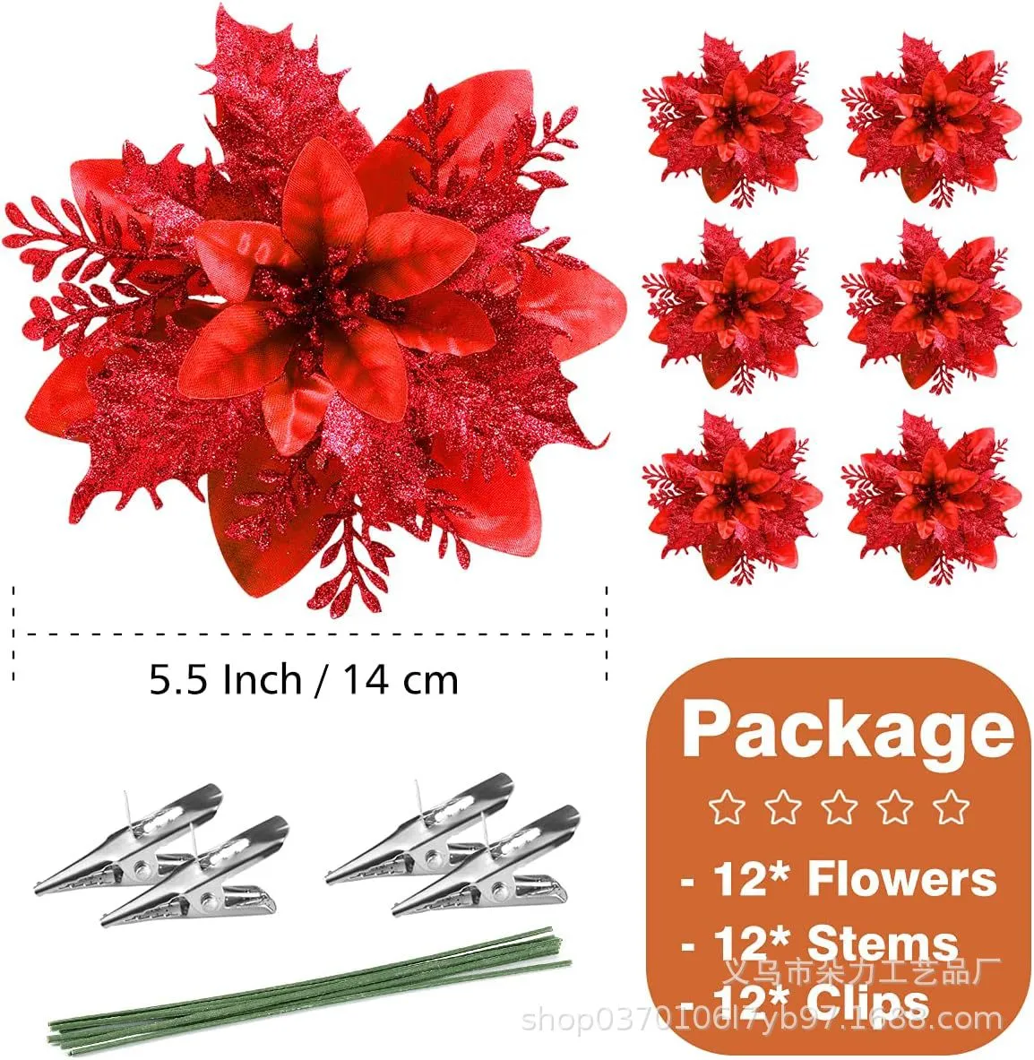 Gold Powder Christmas Flowers – 12 PCS Handmade Christmas Tree Decorations