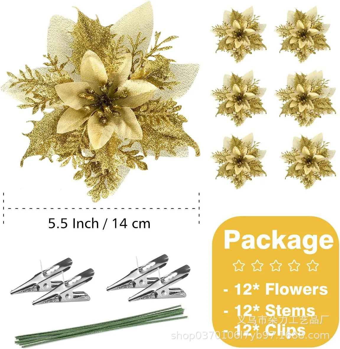Gold Powder Christmas Flowers – 12 PCS Handmade Christmas Tree Decorations