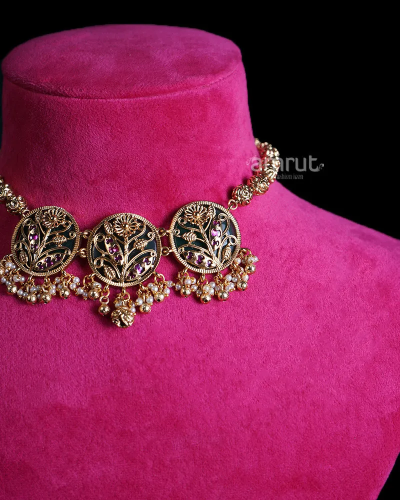 Gold Toned Floral Pendants and Ruby Accents Choker Necklace